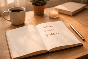 Happy New Year 2026 open notebook with handwritten words balance, growth, and gratitude in soft natural light