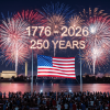 Independence Day 2026 fireworks over an American flag marking America's 250th anniversary